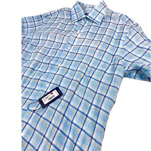 Peter Millar Shirt Mens Medium Blue Plaid 100% Linen Button Down Long‎ Sleeve